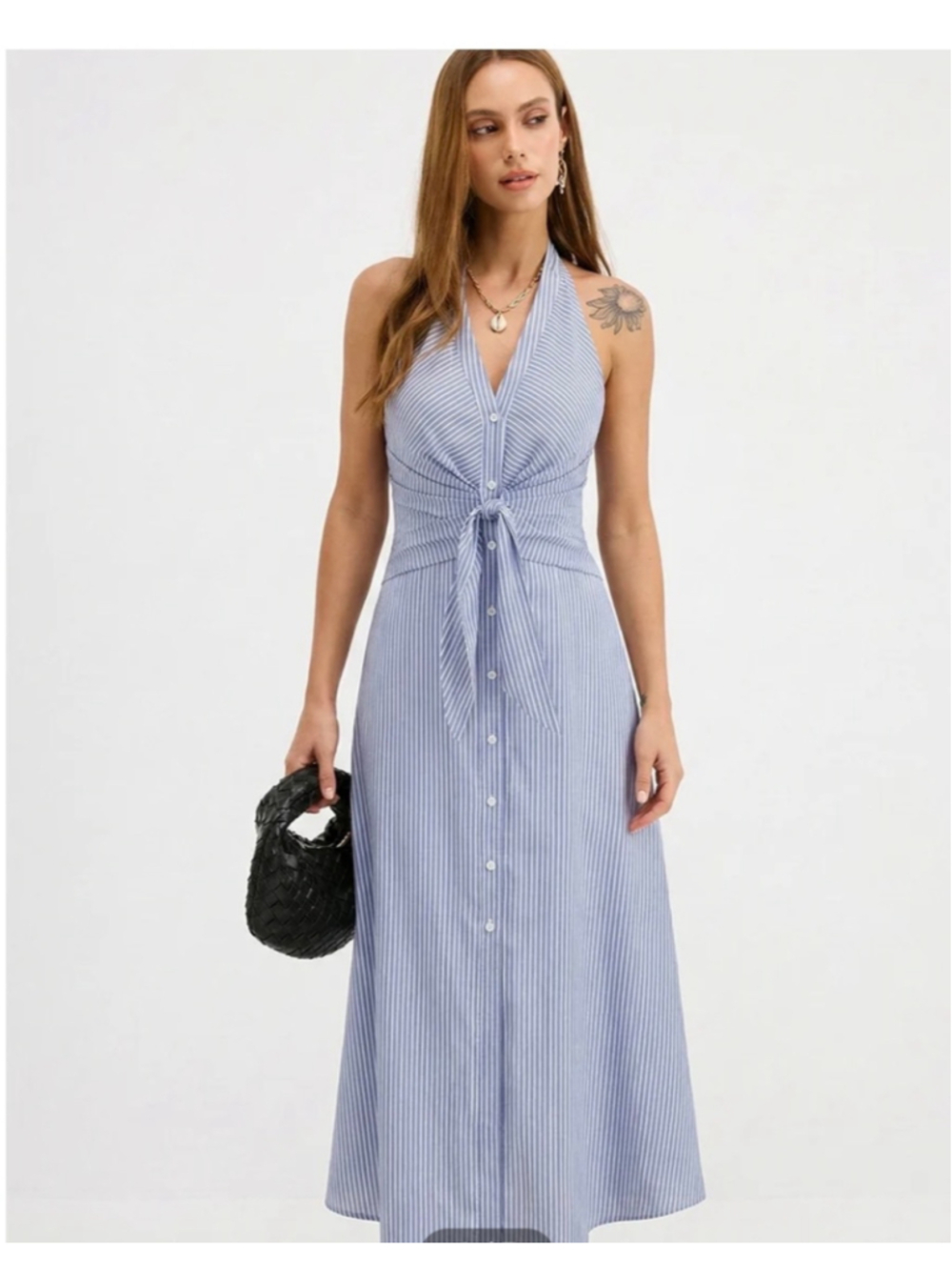 Commense Striped Halter Tie Waist Button Front Midi Dress Size S Cotton